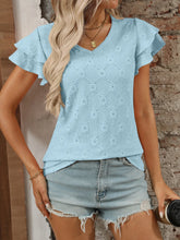Eyelet V-Neck Ruffled Cap Sleeve Top Pastel Blue OutfitFlow